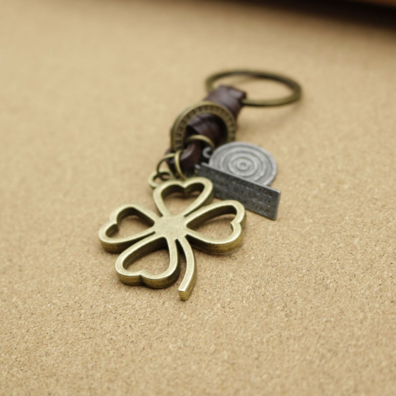 Four Leaf Clover Keychain | Braided Leather Mens Gift