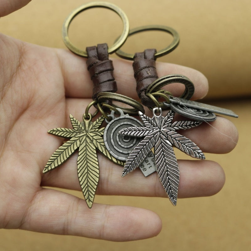 Antique Copper Leaf Keychain | Braided Leather Accessory