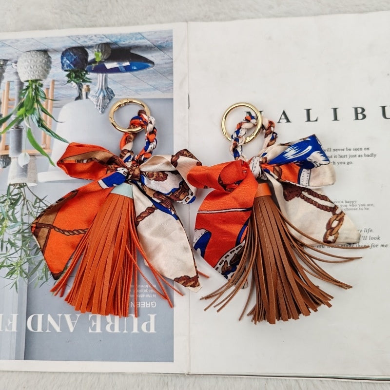 Leather Tassel Keychain | Bow Scarf Charm for Purses