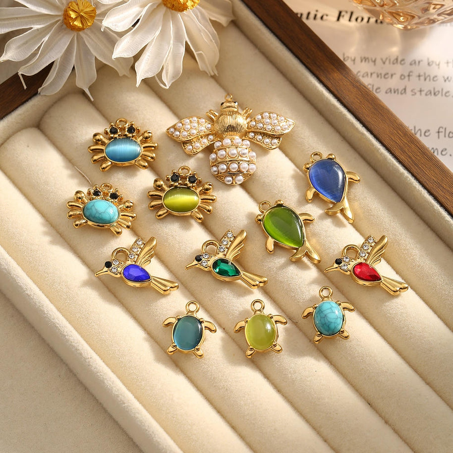 Cat Eye Gemstone Pendant Turtle Crab Steel 18K Gold DIY