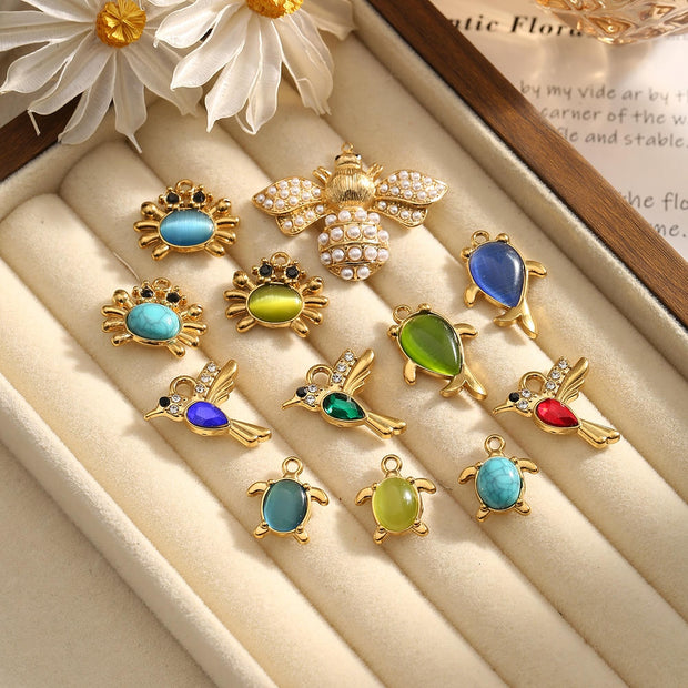 Cat Eye Gemstone Pendant Turtle Crab Steel 18K Gold DIY