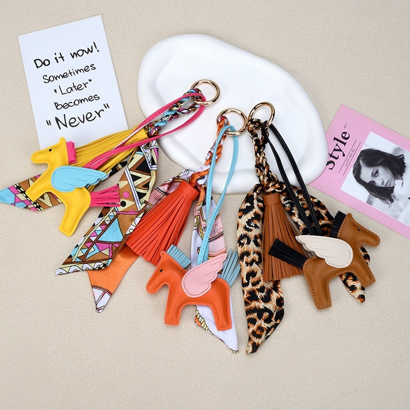 Pegasus Keychain | Leather Tassel Scarf Charm for Bag & Car