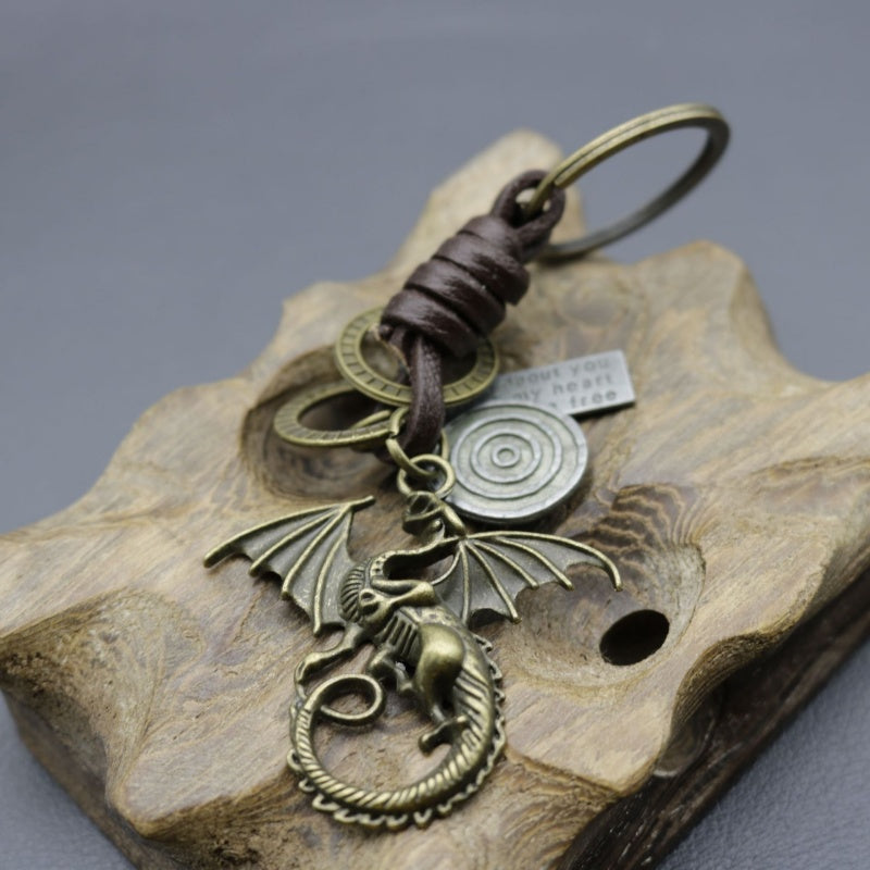 Bronze Dragon Keychain | Braided Leather Alloy Key Fob