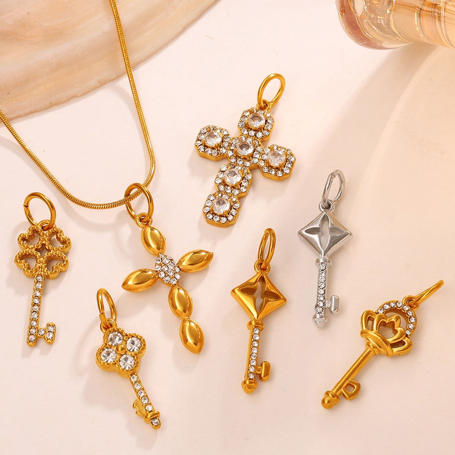 Individuality Key Cross Pendant Steel 18K Gold CZ Multi Style