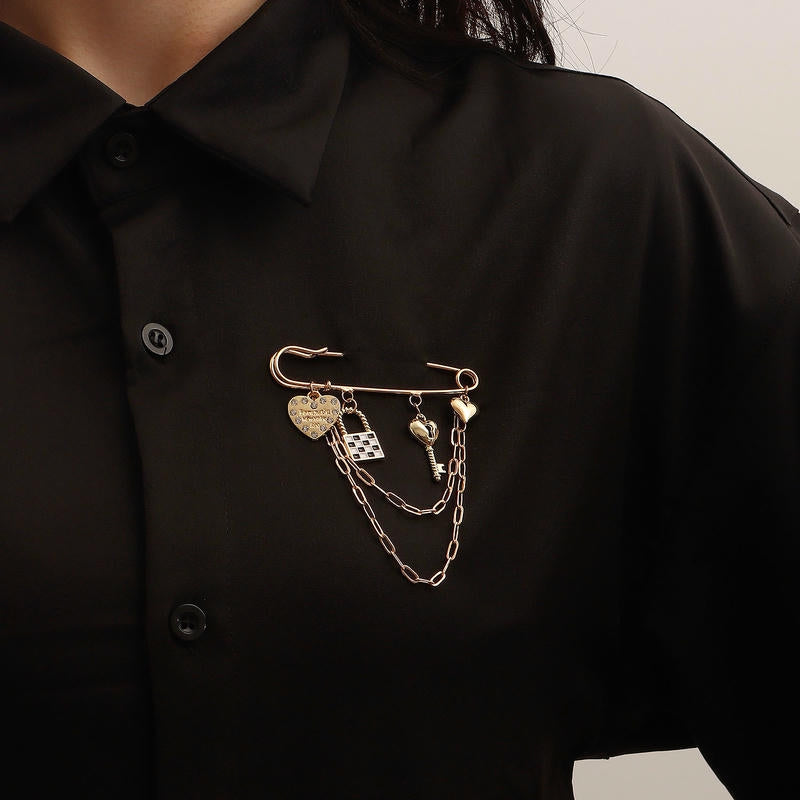 Check Key Heart Brooch | Vintage Multi-Element Lapel Pin