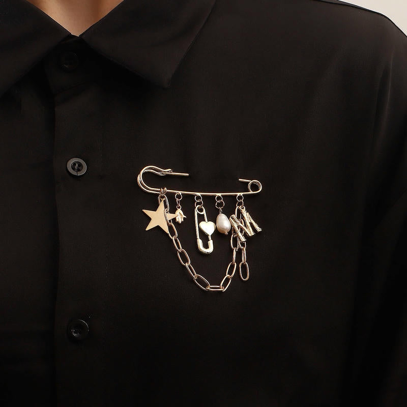 Ins Star & Monogram Brooch | Metal Tassel Drop Lapel Pin