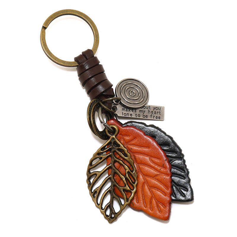 Vintage Leaf Keychain | Leather Car Charm | Handmade Weaving