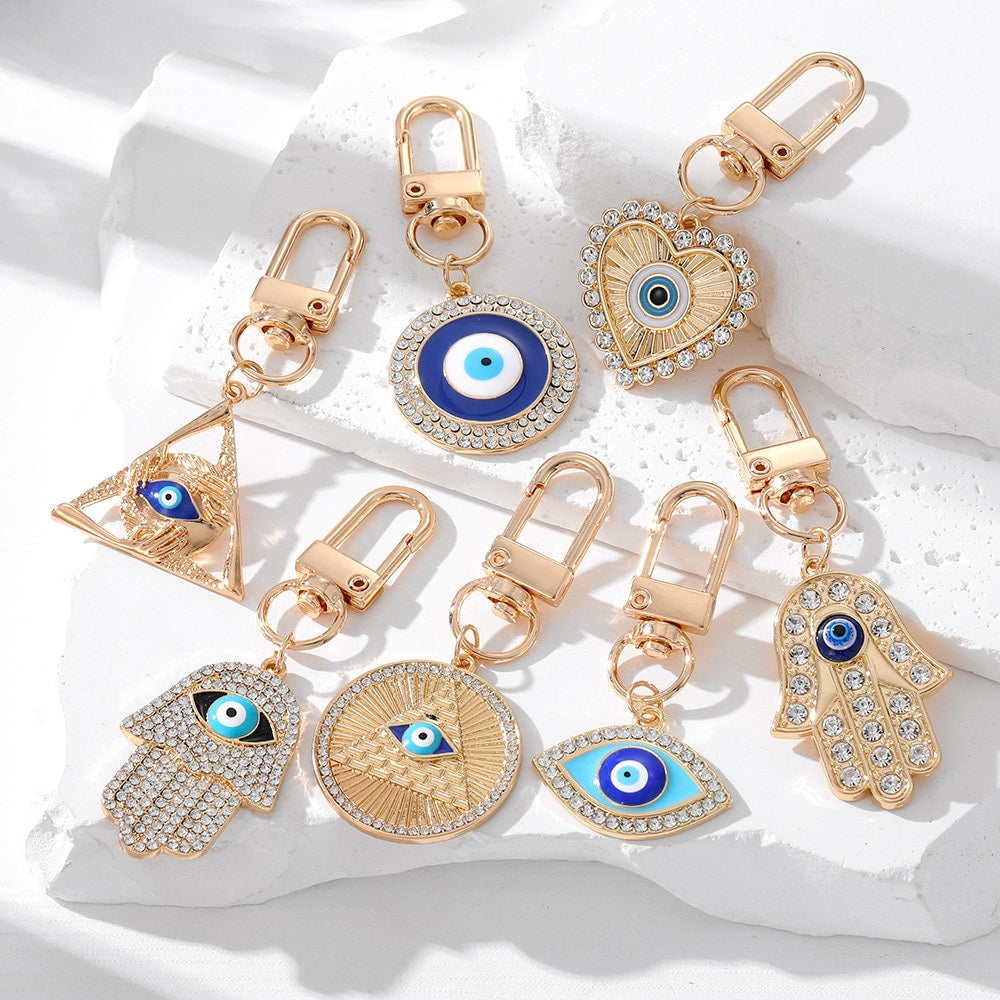 Rhinestones Hamsa Keychain | Evil Eye Heart | Vintage