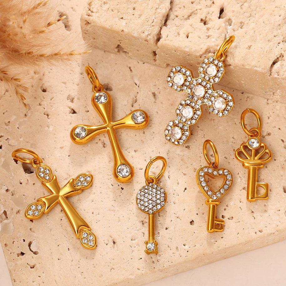 Individuality Key Cross Pendant Steel 18K Gold CZ Multi Style