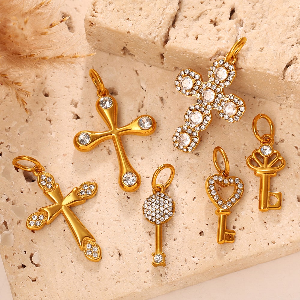 Individuality Key Cross Pendant Steel 18K Gold CZ Multi Style