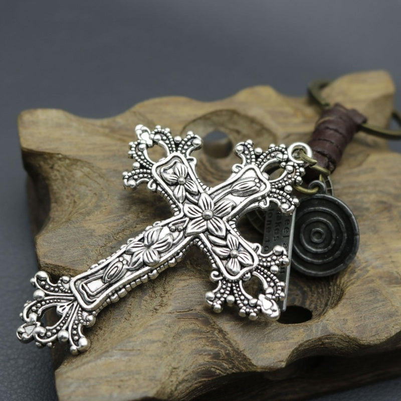 Bronze Cross Keychain | Retro Knitting Leather Mens Gift
