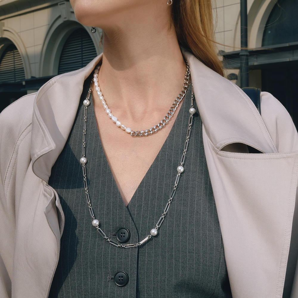 Pearl Necklace | Long Layered Chain | Stainless Steel