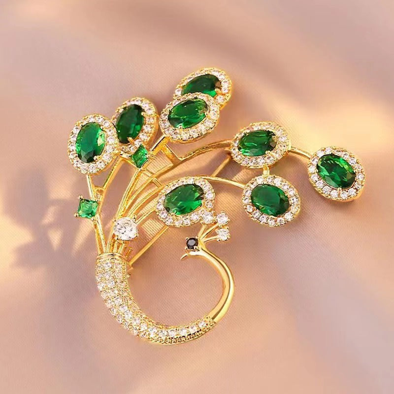 Peacock Brooch | French Green Crystal Pin | Vintage Luxury