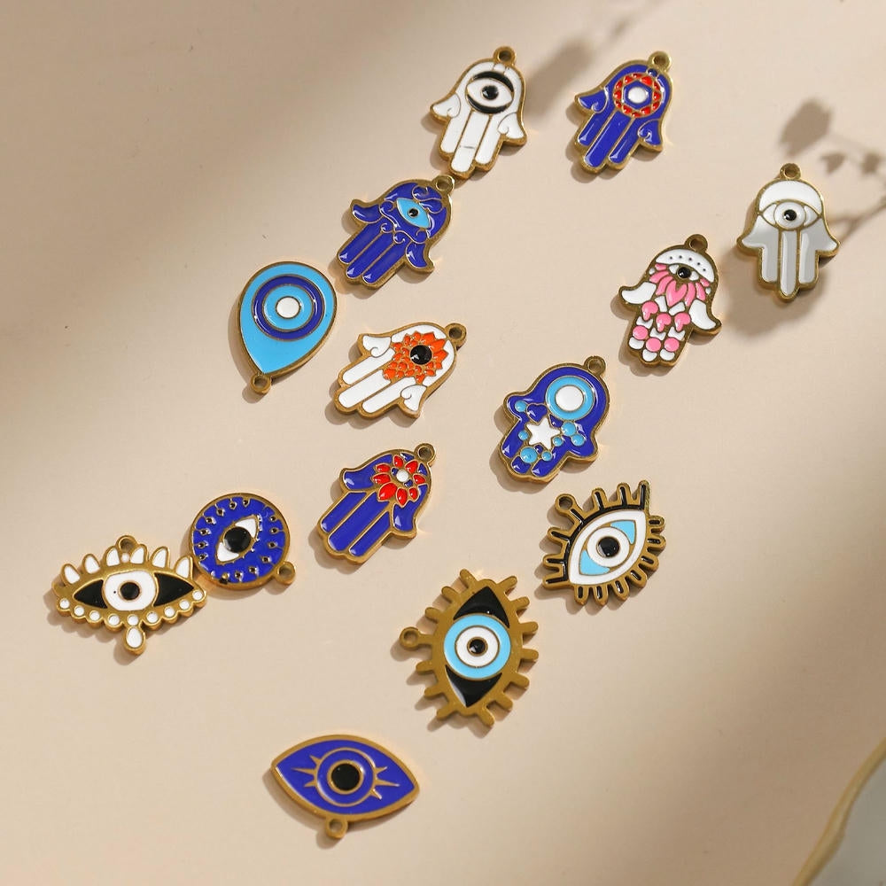 304 Steel Evil Eye Hamsa Pendant 18K Gold Enamel DIY