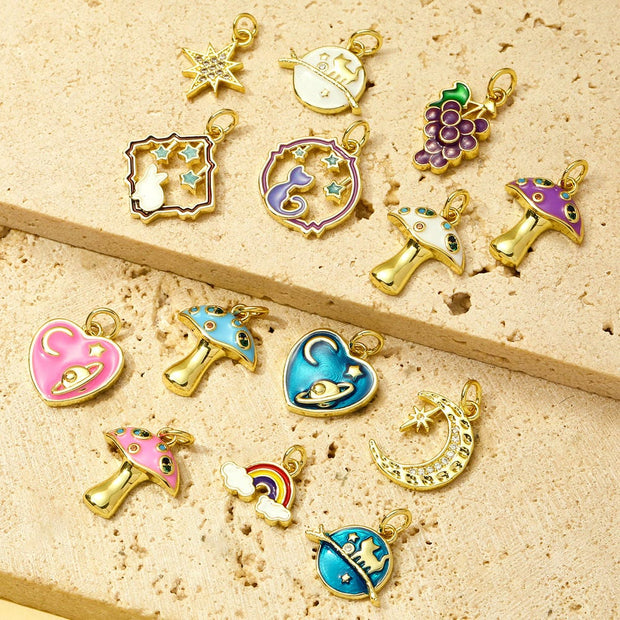 Fantasy Planet Cat Pendant | Enamel Rainbow Mushroom Charm