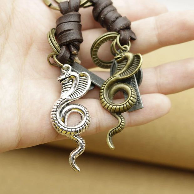 Cobra Metal Keychain | Braided Leather Vintage Key Fob