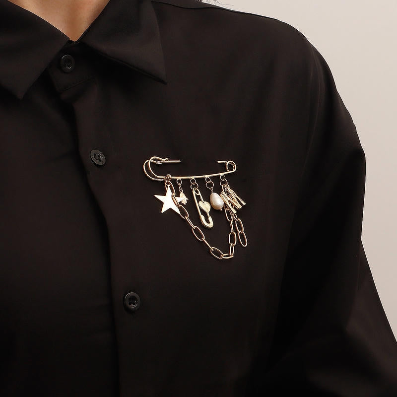 Ins Star & Monogram Brooch | Metal Tassel Drop Lapel Pin