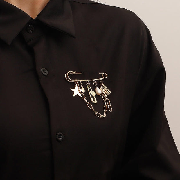 Ins Star & Monogram Brooch | Metal Tassel Drop Lapel Pin