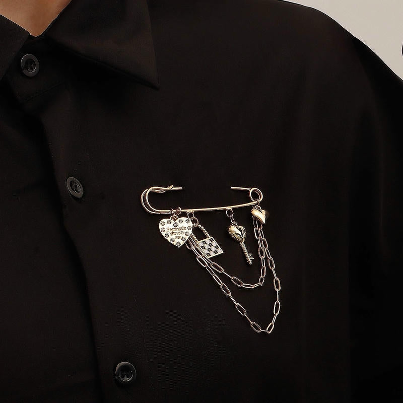 Check Key Heart Brooch | Vintage Multi-Element Lapel Pin