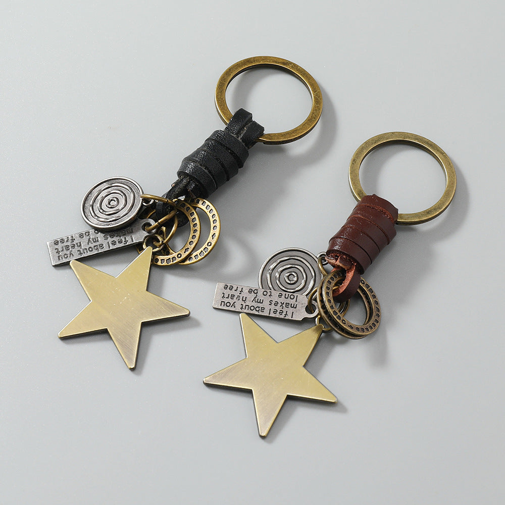 Star Pendant Keychain | Braid Leather Charm | Vintage