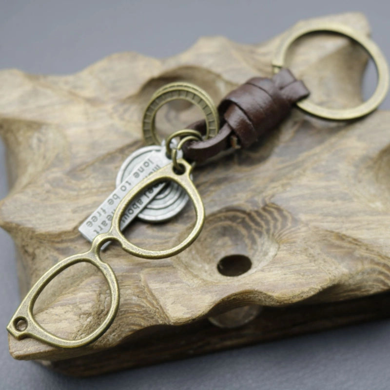 Vintage Eyeglasses Keychain | Braided Leather Novelty Key Fob
