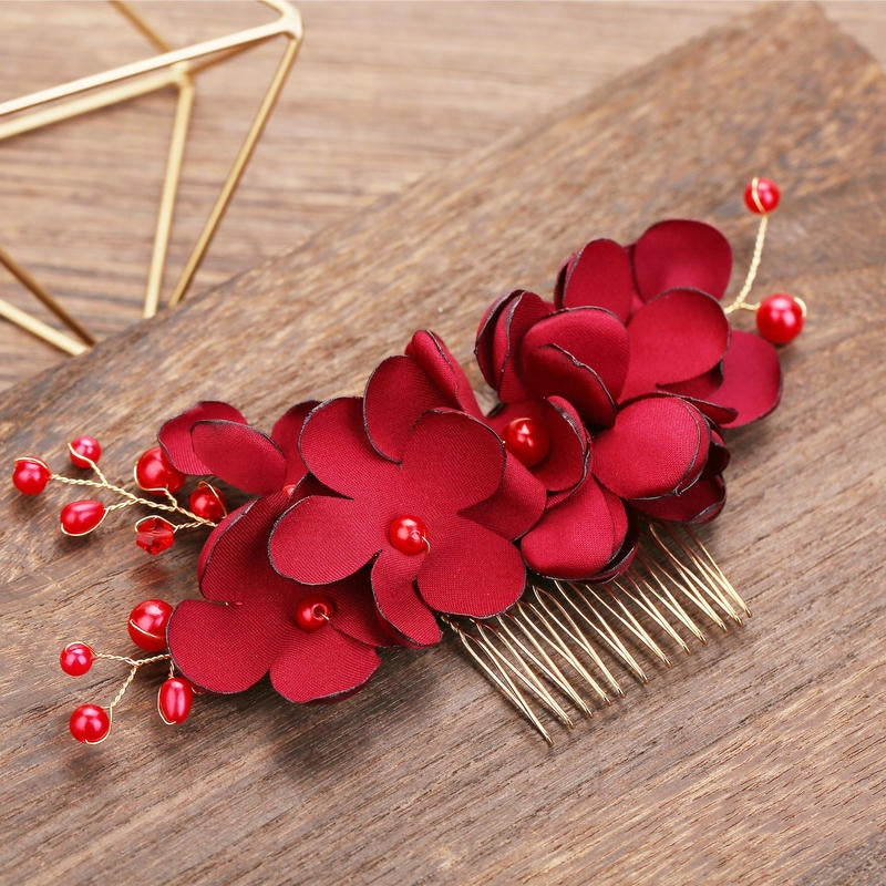 Red Floral Bridal Hair Comb | Pearl Wedding Hair Accessory