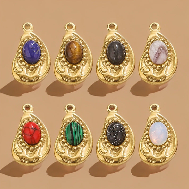 Bohemian Natural Stone Pendant Steel 18K Gold Irregular Oval