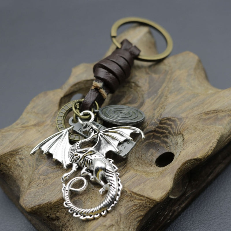 Bronze Dragon Keychain | Braided Leather Alloy Key Fob