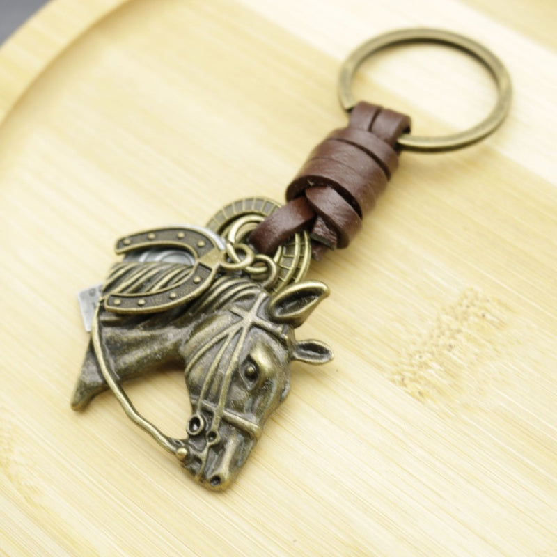 Vintage Horse Head Keychain | Braided Leather Mens Gift