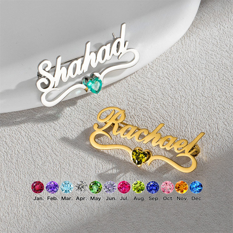 Personalized Birthstone Brooch | Arabic Heart Charm Pin