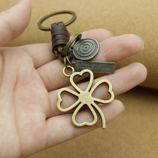 Four Leaf Clover Keychain | Braided Leather Mens Gift
