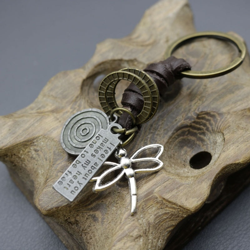 Vintage Dragonfly Keychain | Braided Leather Mens Accessory