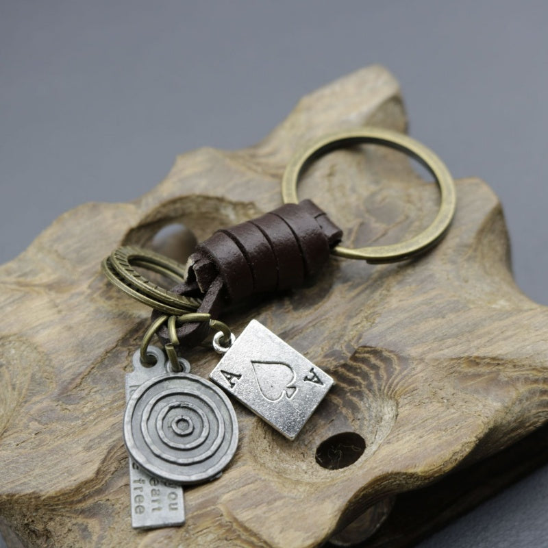 Antique Copper Keychain | Braided Leather Poker Key Fob