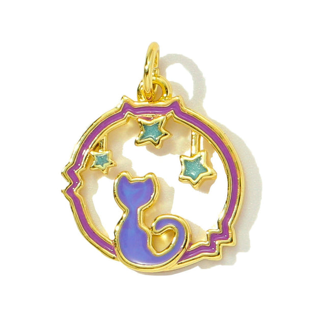 Fantasy Planet Cat Pendant | Enamel Rainbow Mushroom Charm