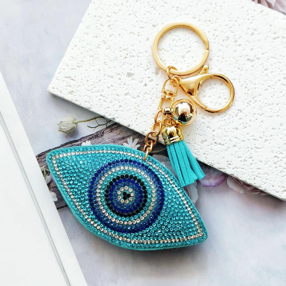 Evil Eye Keychain | Rhinestones Blue Charm | Leather Tael