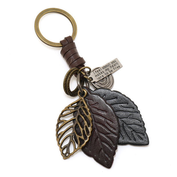 Vintage Leaf Keychain | Leather Car Charm | Handmade Weaving