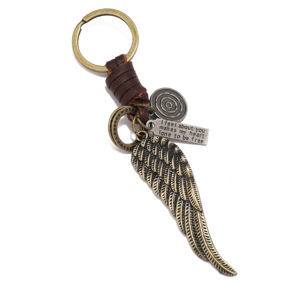 Wing Pendant Keychain | Handmade Vintage Braid Leather