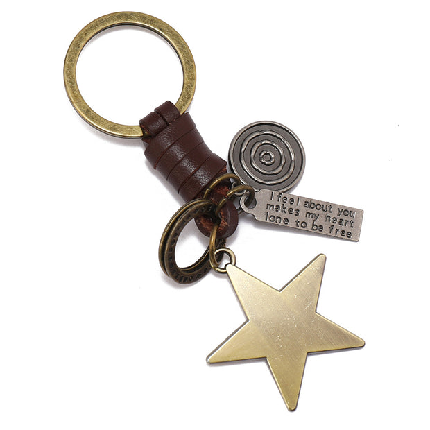 Star Pendant Keychain | Braid Leather Charm | Vintage