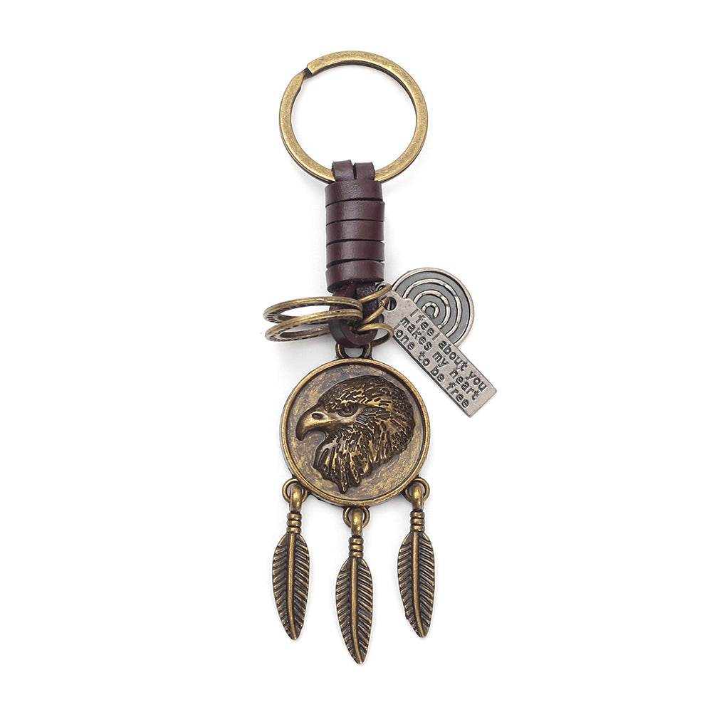 Eagle Pendant Keychain | Vintage Car Charm | Leather Braid