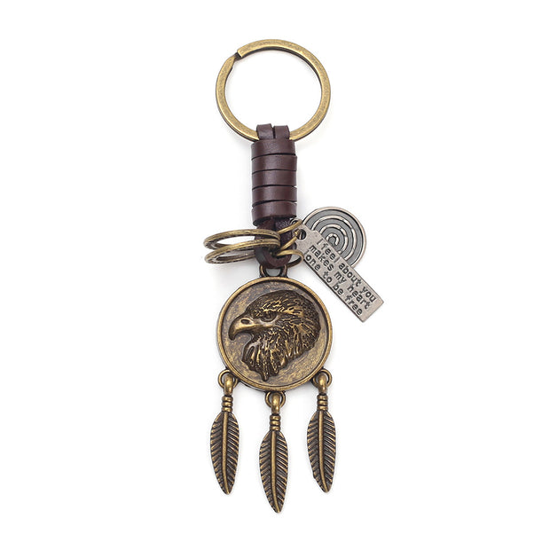 Eagle Pendant Keychain | Vintage Car Charm | Leather Braid