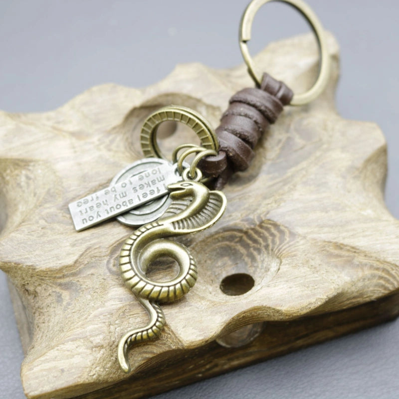 Cobra Metal Keychain | Braided Leather Vintage Key Fob