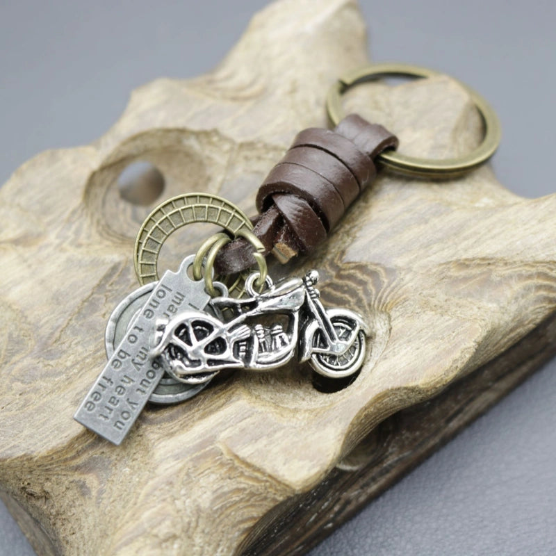 Steampunk Motorcycle Keychain | Braided Leather Bike Key Fob