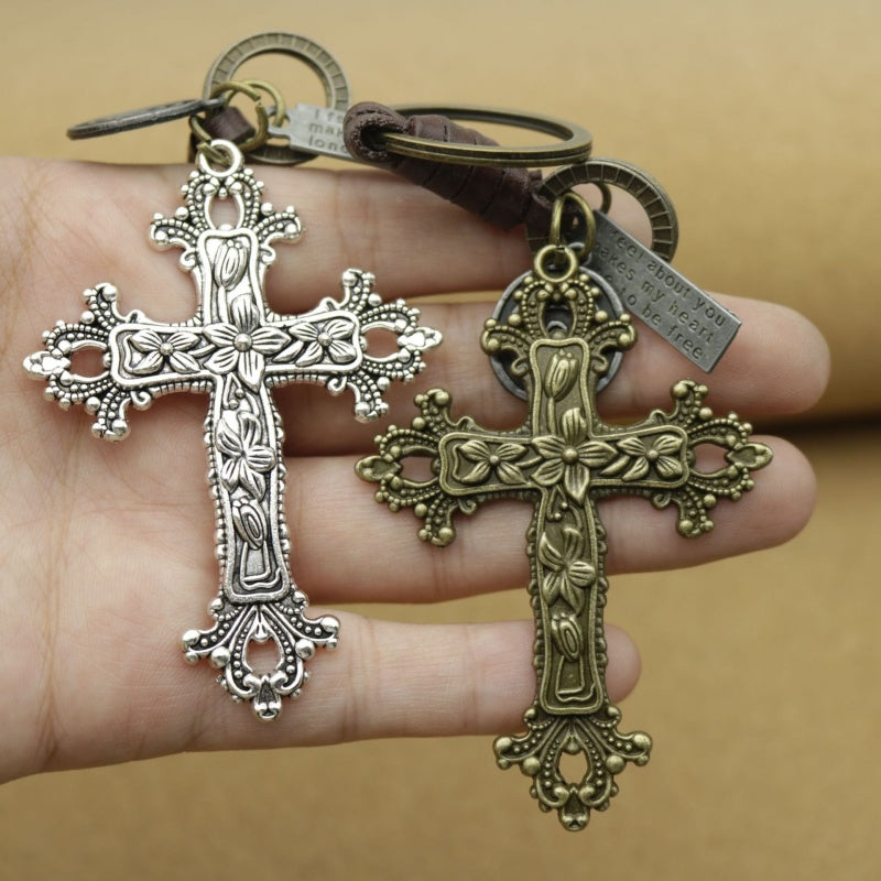 Bronze Cross Keychain | Retro Knitting Leather Mens Gift