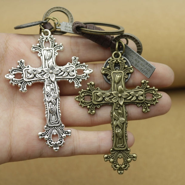 Bronze Cross Keychain | Retro Knitting Leather Mens Gift
