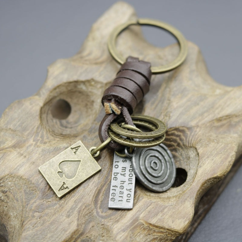 Antique Copper Keychain | Braided Leather Poker Key Fob