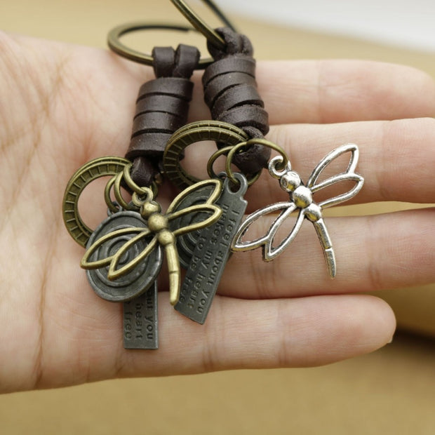 Vintage Dragonfly Keychain | Braided Leather Mens Accessory