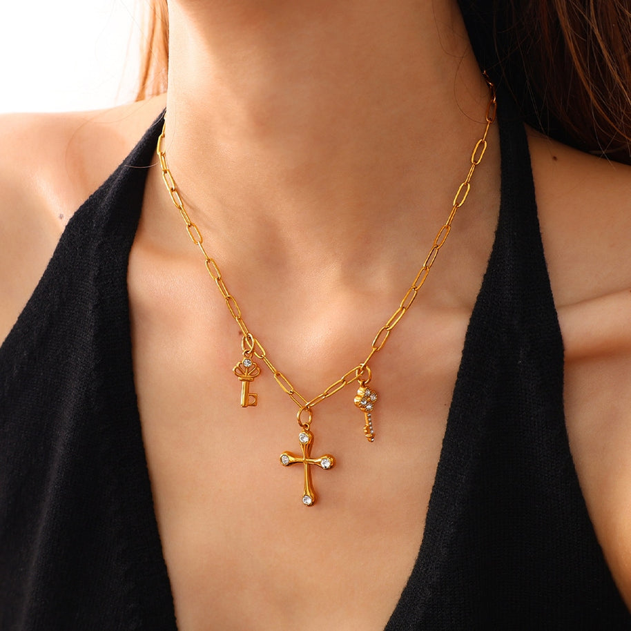 Individuality Key Cross Pendant Steel 18K Gold CZ Multi Style