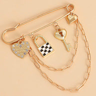 Check Key Heart Brooch | Vintage Multi-Element Lapel Pin