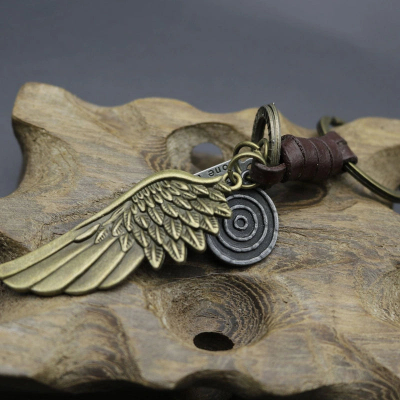 Antique Wing Keychain | Distressed Leather Braided Key Fob