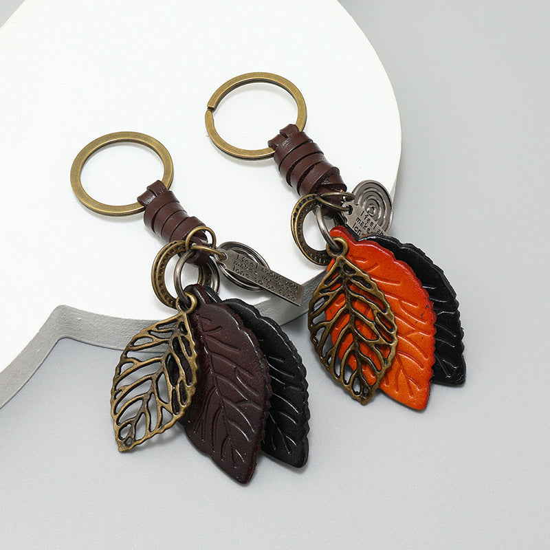 Vintage Leaf Keychain | Leather Car Charm | Handmade Weaving